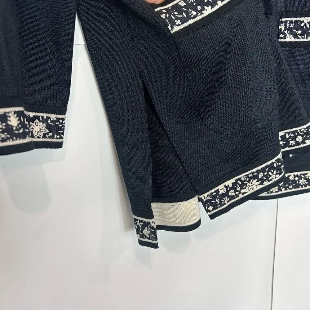 Castleberry Vintage Long Cardigan Sweater Women's Large Black Gold Button Floral